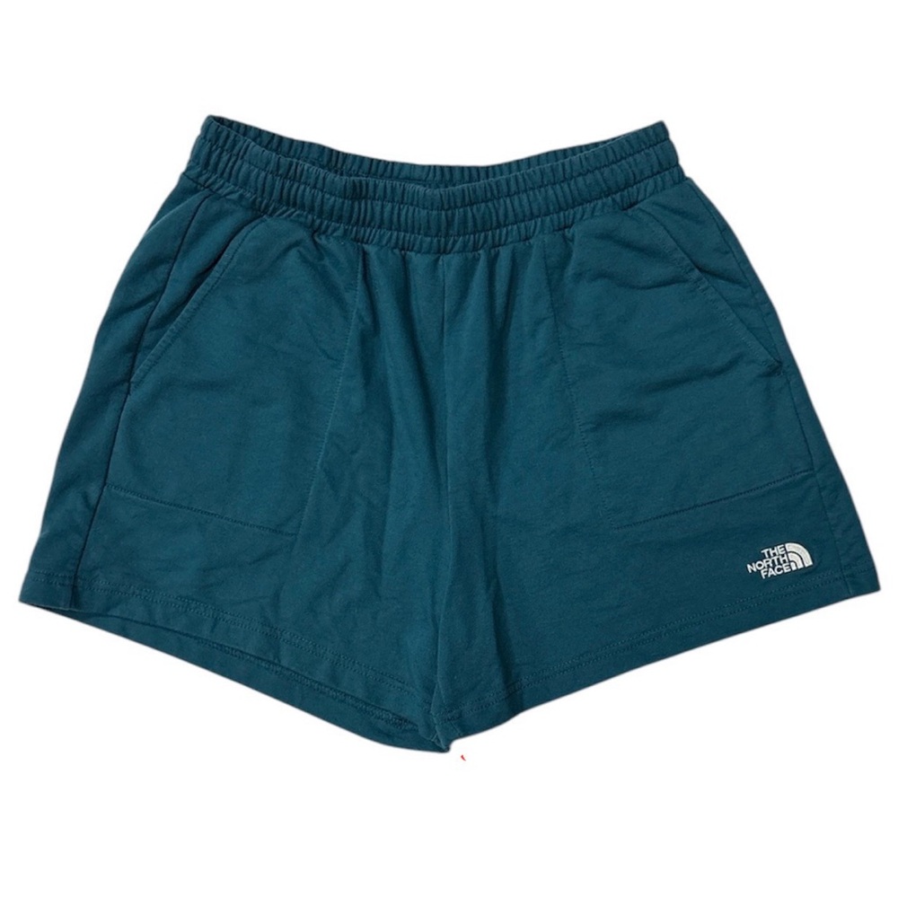 North Face Fleece Shorts Women Simple Logo Blue Coral Sz M Pockets Elastic Waist